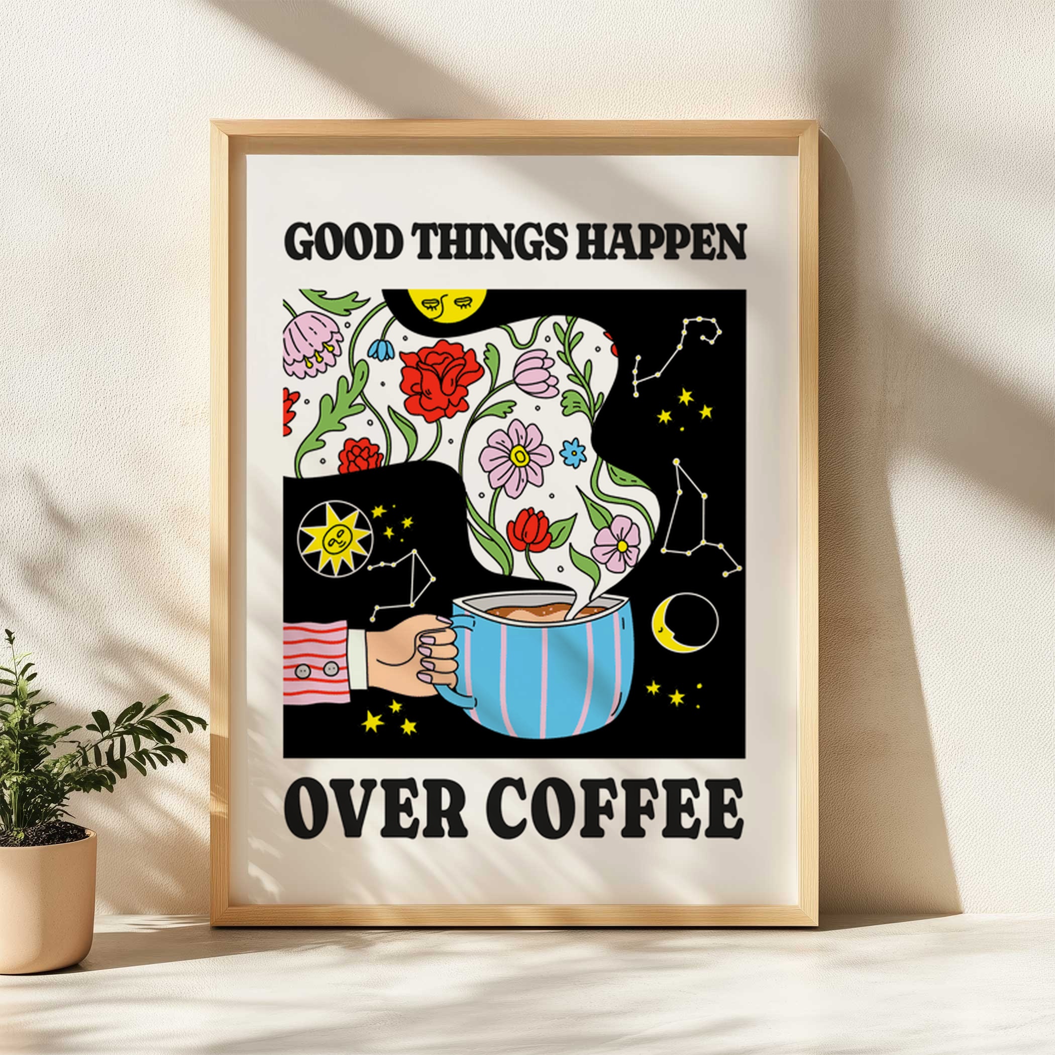 Good things happen over coffee retro wall art print