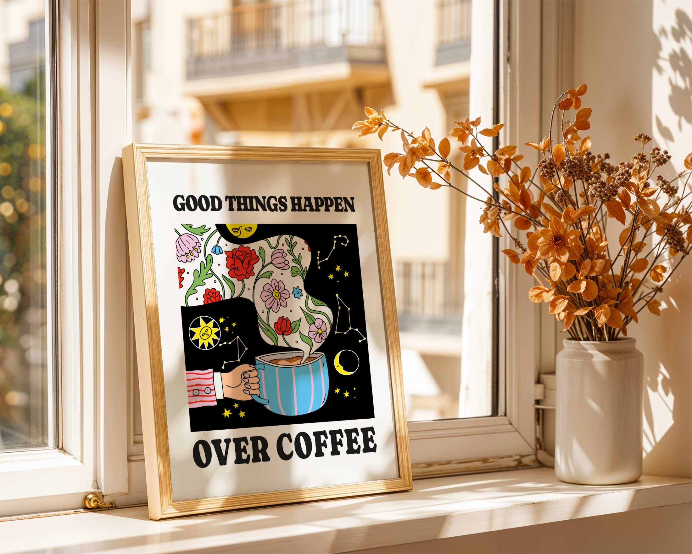 Good things happen over coffee retro wall art print