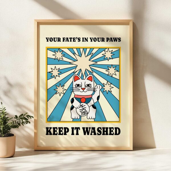 "Your fate is in your paws keep it washed" retro bathroom wall art