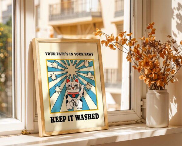 "Your fate is in your paws keep it washed" retro bathroom wall art
