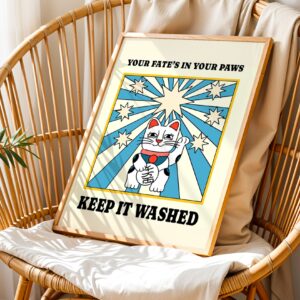 "Your fate is in your paws keep it washed" retro bathroom wall art
