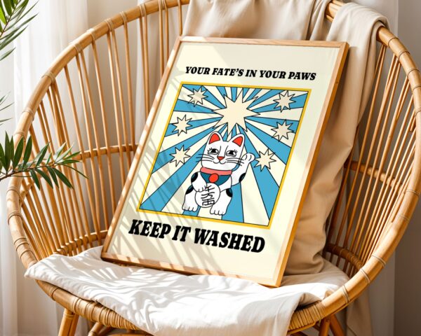 "Your fate is in your paws keep it washed" retro bathroom wall art