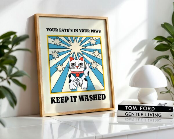 "Your fate is in your paws keep it washed" retro bathroom wall art