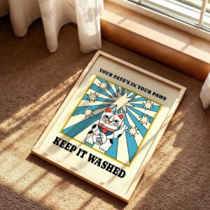 "Your fate is in your paws keep it washed" retro bathroom wall art