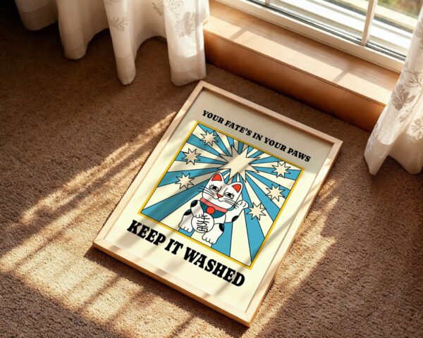 "Your fate is in your paws keep it washed" retro bathroom wall art